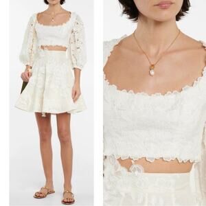 Zimmermann Lola Embroidered Floral Ramie White Puff Sleeve Crop Top Size 8